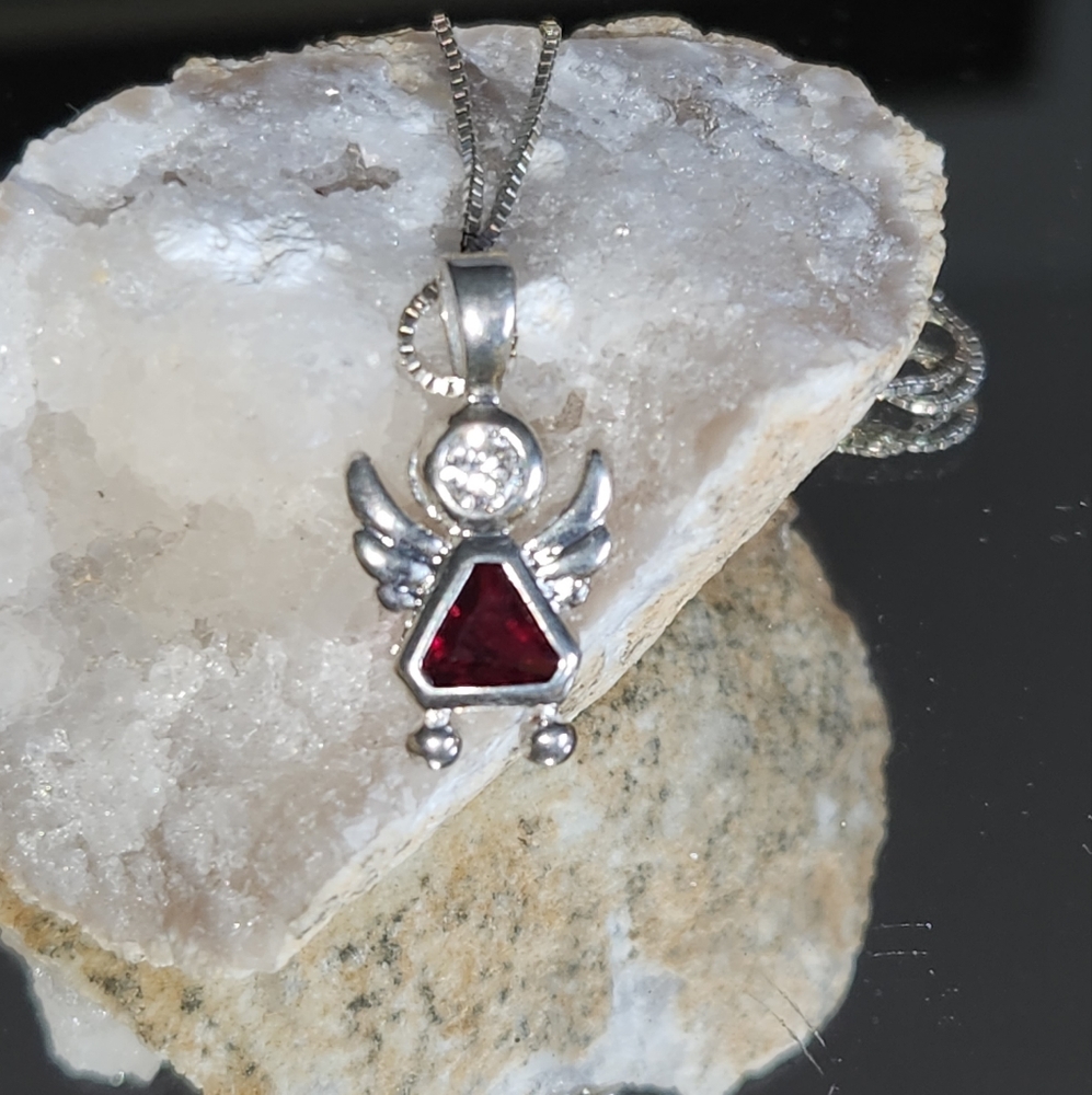 Women's 925 Garnet & White Topaz Angel on a 925 18" Box Chain.
